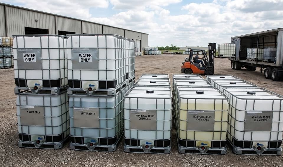 Forklift loading Water Only IBC totes onto a delivery truck at the IBC Minneapolis facility