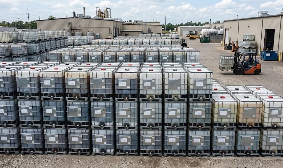Aerial view of IBC Minneapolis outdoor yard with hundreds of stacked IBC totes ready for sale