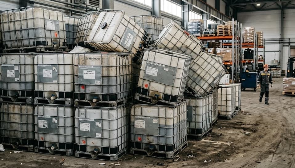 IBC totes stacked in recycling area of warehouse awaiting processing
